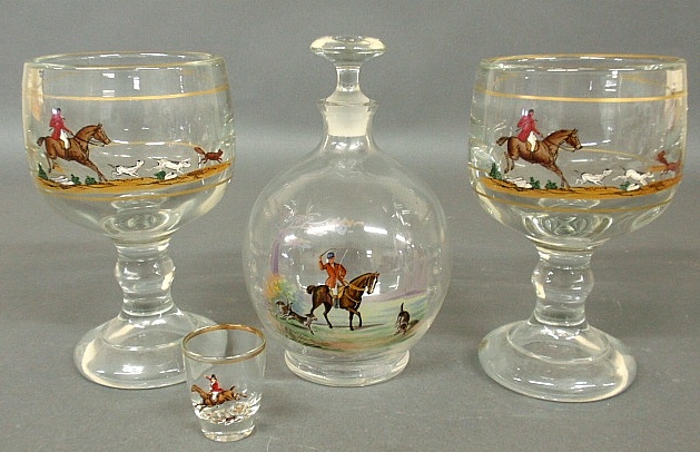 Appraisal: - Two large glass goblets with handpainted fox hunting scenes