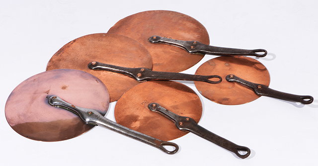 Appraisal: A GROUP OF FIVE ANTIQUE COPPER AND IRON SAUCEPAN LIDS