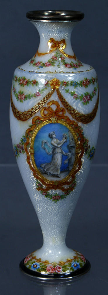 Appraisal: Guilloche enameled silver portrait vase with handpainted garland decoration tall