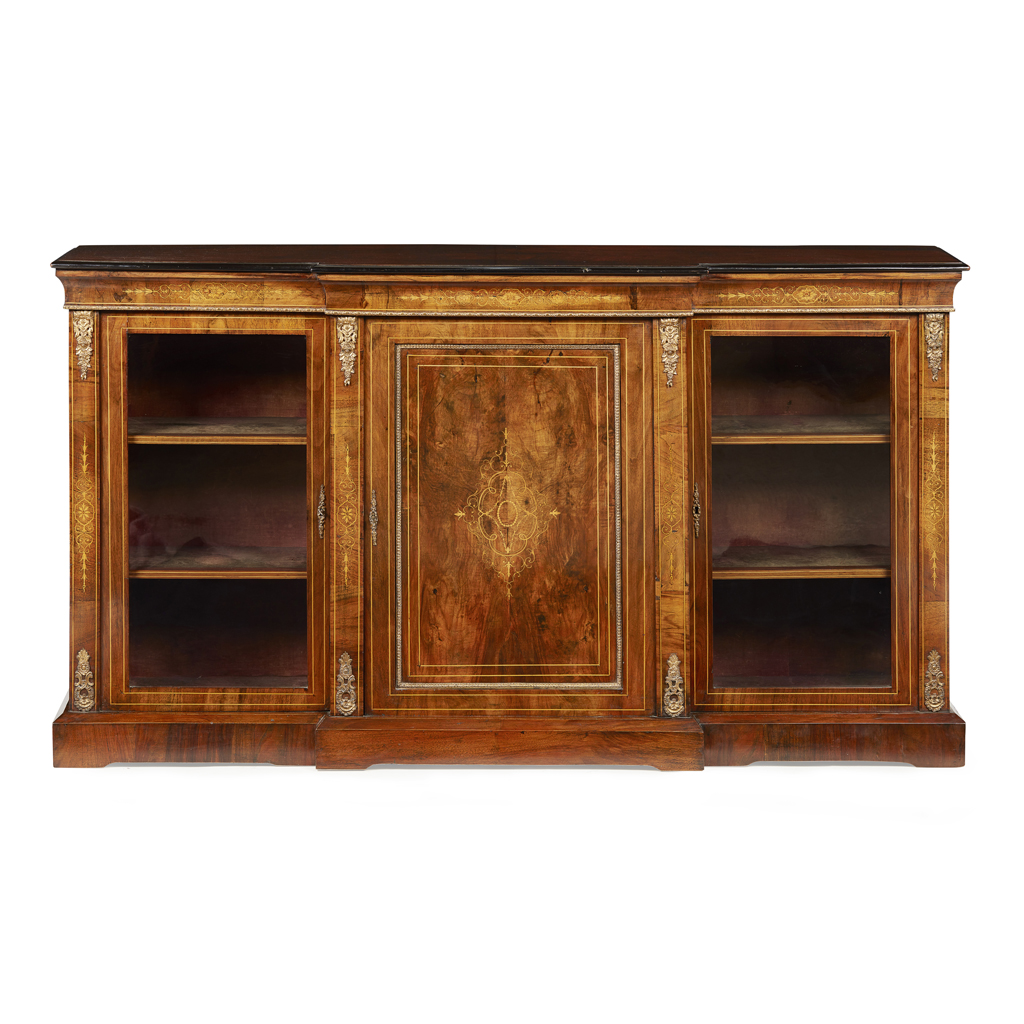 Appraisal: VICTORIAN WALNUT EBONISED AND INLAID CREDENZA TH CENTURY of breakfront