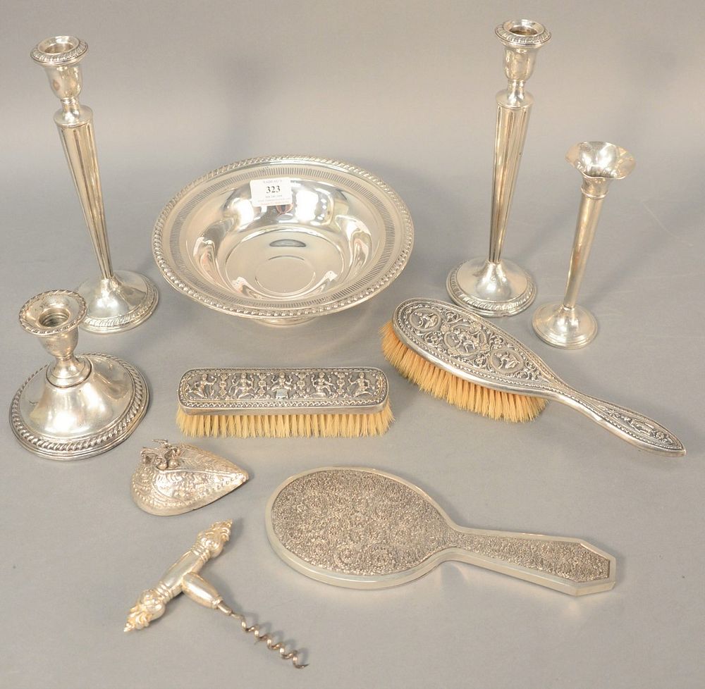 Appraisal: Nine-piece weighted silver lot to include dresser set candlesticks etc