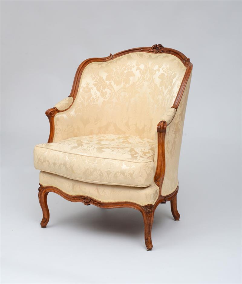 Appraisal: LOUIS XV CARVED BEECHWOOD BERG RE Upholstered in damask x