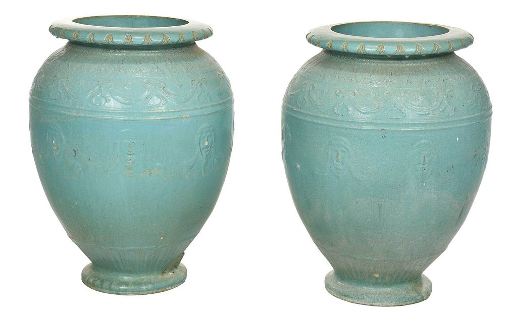 Appraisal: Pair Monumental Turquoise Glazed Ceramic Garden Urns th century each