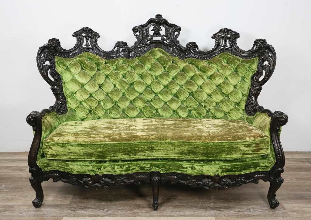 Appraisal: American Rococo Revival style settee Later th Century Green crushed