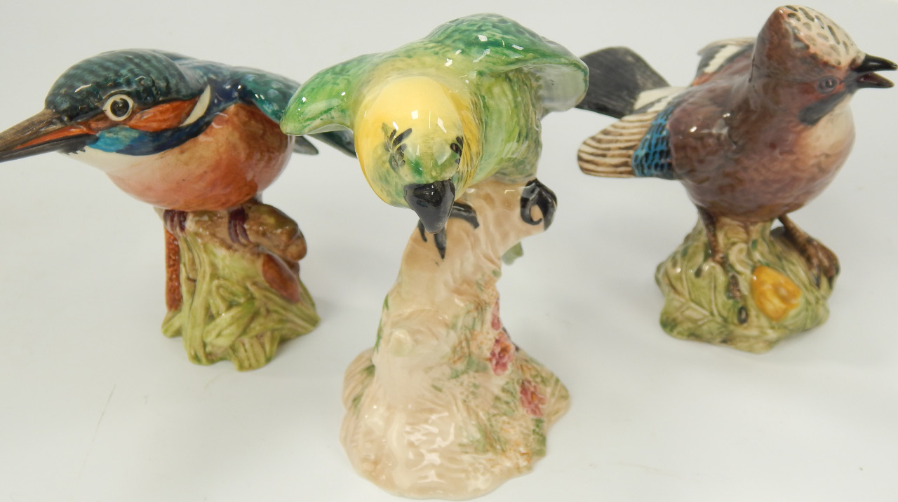 Appraisal: Three Beswick bird figures comprising kingfisher jay and parrot cm