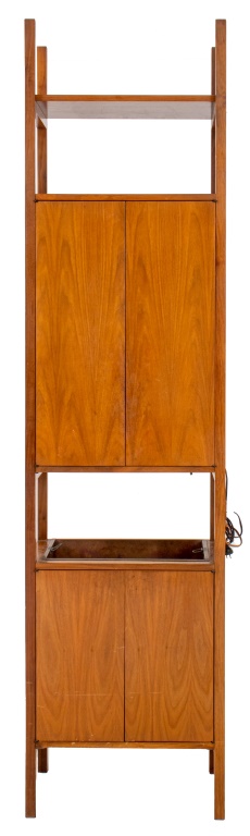 Appraisal: MID-CENTURY MODERN WALNUT CABINET-JARDINIERE Mid-century Modern walnut cabinet-jardiniere with scaffold-style