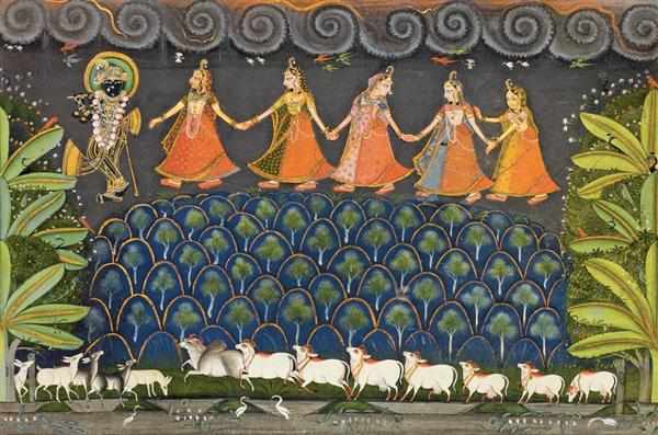 Appraisal: INDIAN MINIATURE School of Nathdwara c th century Krishna Fluthing