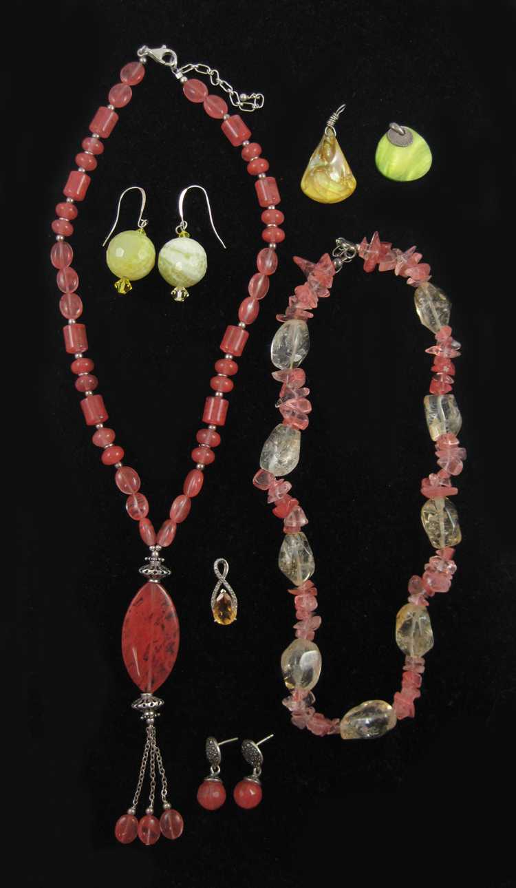 Appraisal: SEVEN ARTICLES OF STONE JEWELRY cherry quartz and citrine necklace