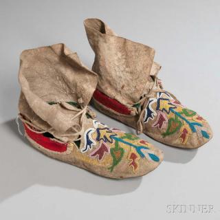 Appraisal: Sarcee Beaded Hide Moccasins c partially beaded on buffalo hide