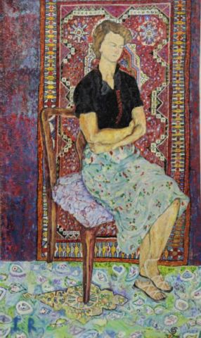 Appraisal: Signed Israeli Oil on Canvas Woman Seated inOrnate Interior Initialed