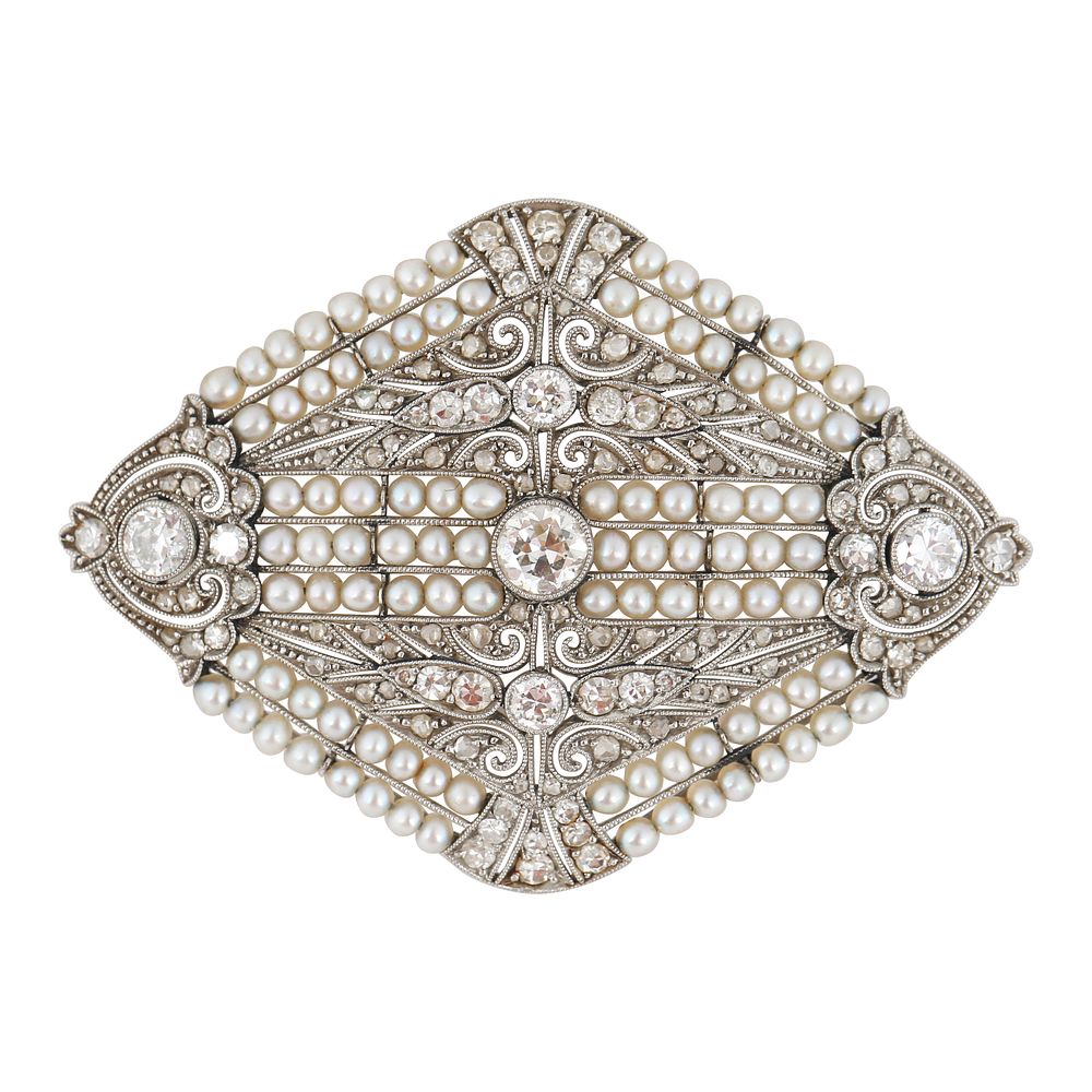 Appraisal: SEED PEARL AND DIAMOND BROOCH SEED PEARL AND DIAMOND BROOCH