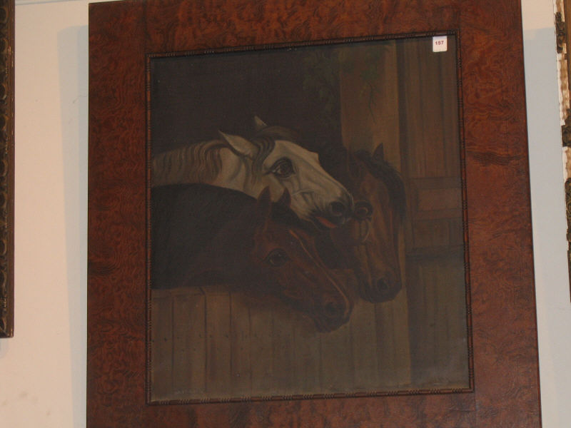 Appraisal: AMERICAN SCHOOL TH CENTURY Three horses in a stall oil