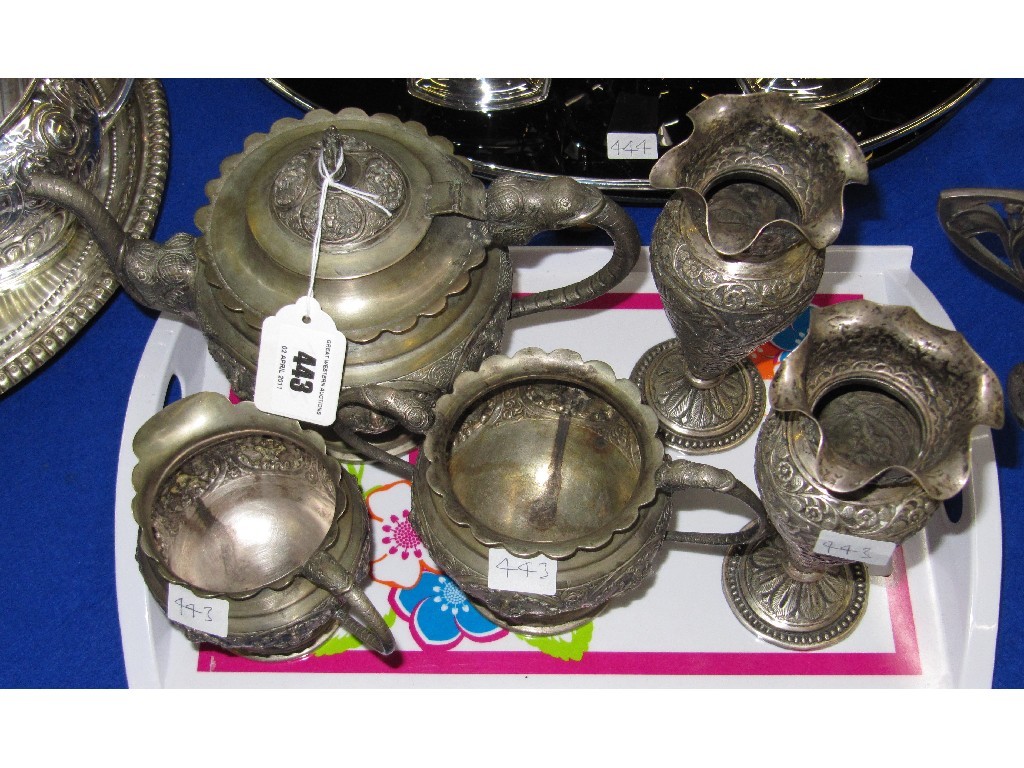 Appraisal: Lot comprising Eastern three piece white metal tea service and