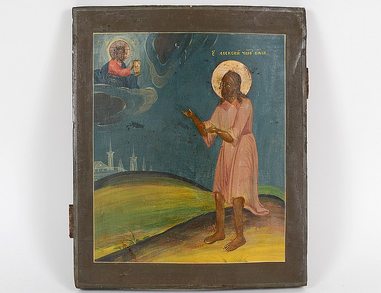 Appraisal: AN ANTIQUE RUSSIAN ICON Saint Alexis Man of God Oil