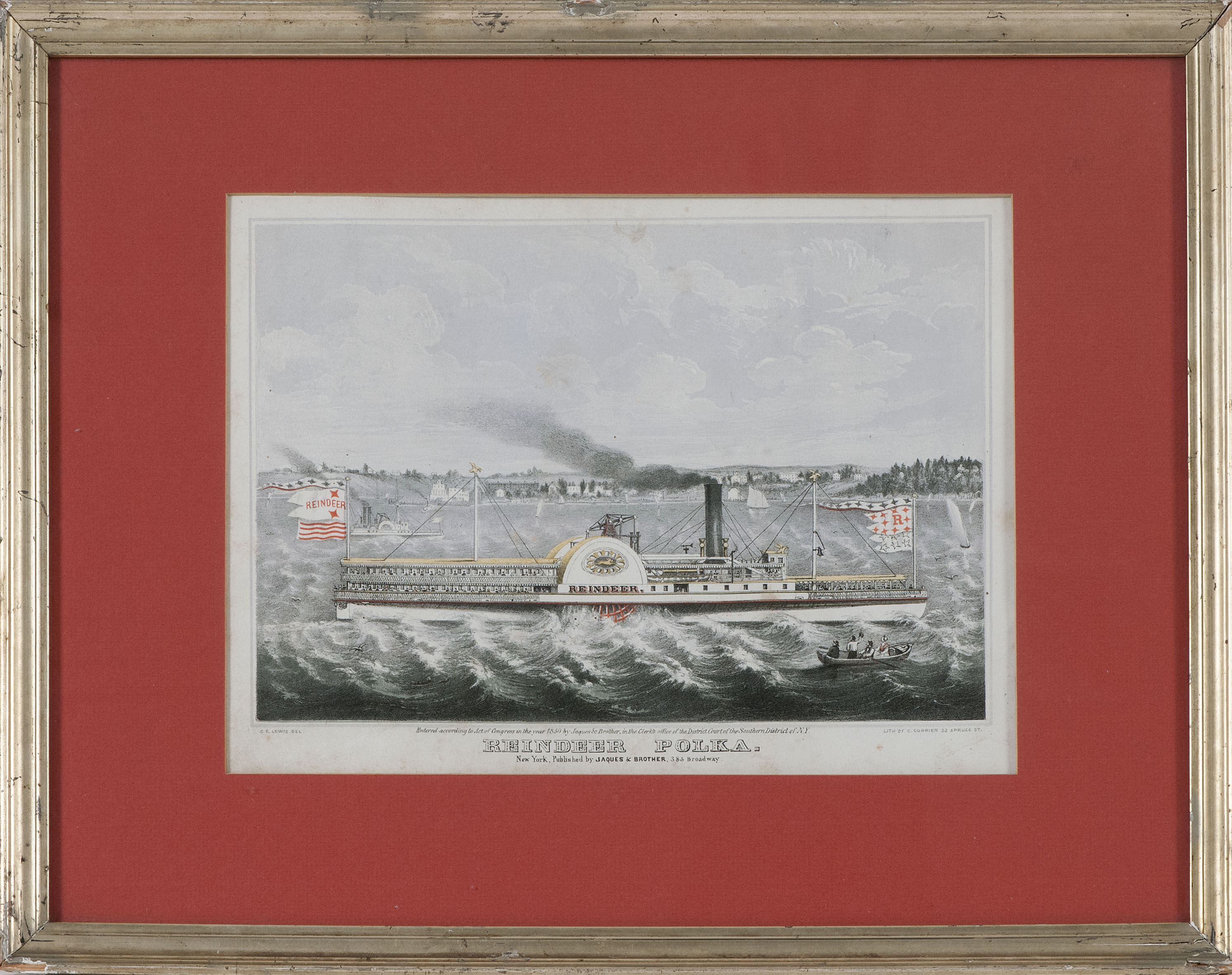 Appraisal: FRAMED COLORED LITHOGRAPH REINDEER POLKA American th CenturyDepicts the sidewheeler