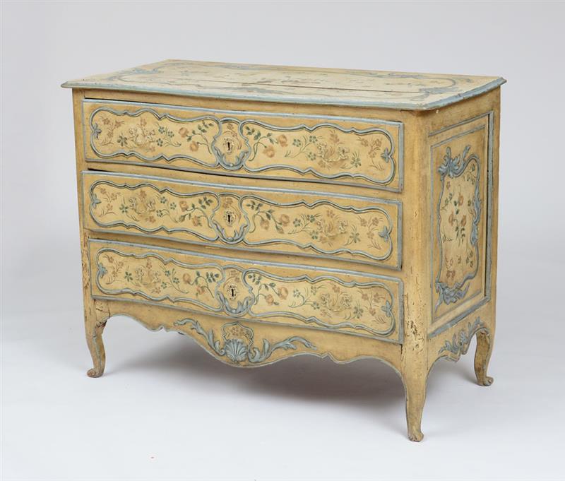 Appraisal: ITALIAN ROCOCO PAINTED COMMODE The serpentine top above three drawers