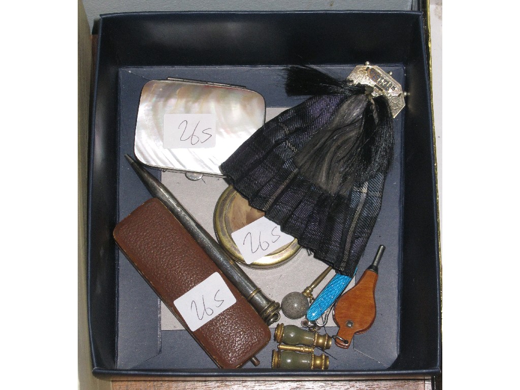 Appraisal: Box of miscellania - kilt brooch mother of pearl purse