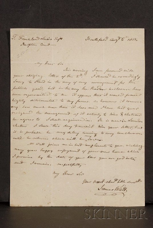 Appraisal: Watt James - Autograph letter signed Heathfield August one page