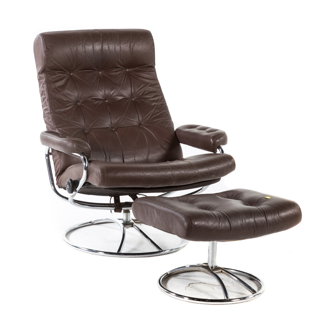 Appraisal: Ekornes stressless recliner and ottoman tubular chrome frame brown leather