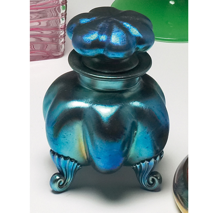 Appraisal: Nice Steuben perfume bottle and stopper blue aurene shape remnants