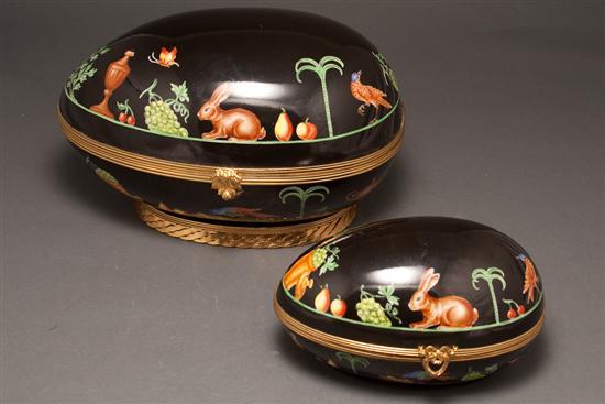 Appraisal: Two Tiffany Co Black Shoulder porcelain dresser boxes Limoges gilt-metal-mounted