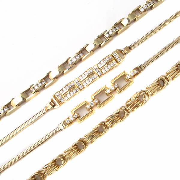 Appraisal: A collection of diamond and gold bracelets five flexible link