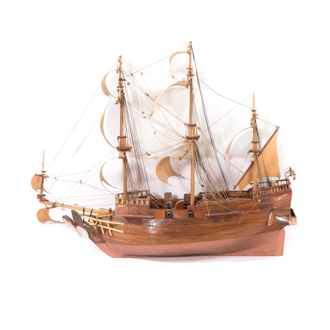 Appraisal: Handcrafted wood ship model featuring three masts rope and other