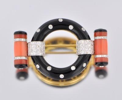 Appraisal: An Art Deco Style Onyx Diamond and Coral Brooch The