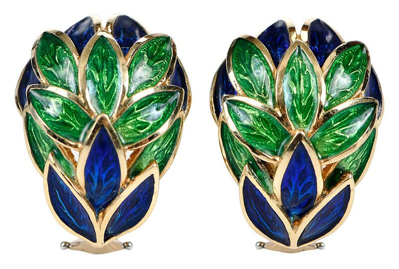 Appraisal: kt Enamel Earclips leaf design blue and green enamel stamped