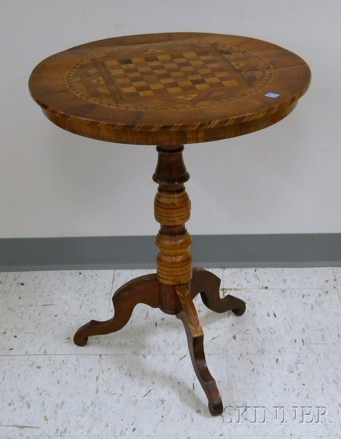 Appraisal: Austrian Parquetry Game Board-top and Decorated Fruitwood Stand with Tripod