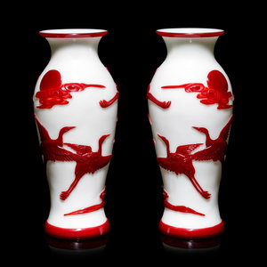 Appraisal: A Pair of Chinese Red Overlay Milky White Peking Glass