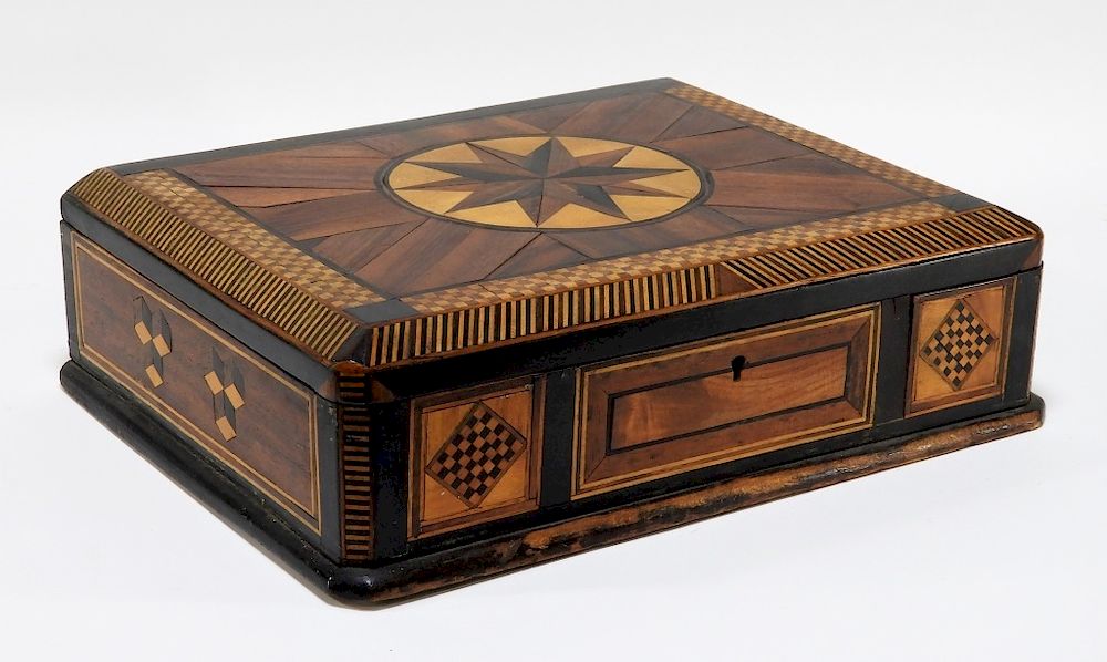 Appraisal: Carved Inlaid Star Checkerboard Document Box Europe th Century Hinged