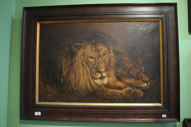 Appraisal: AN EARLY TH CENTURY SCENE of lions resting oil on