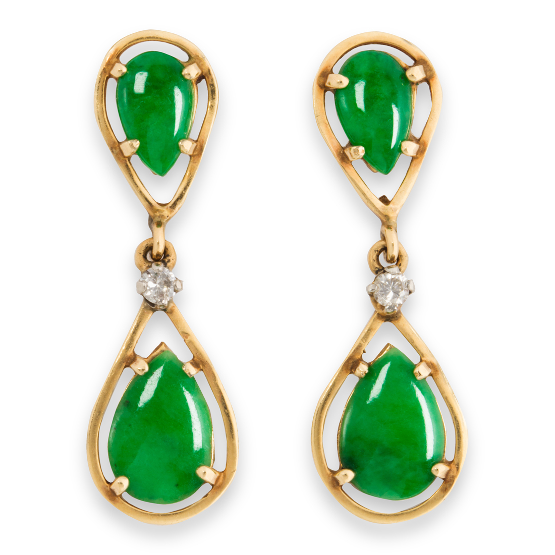 Appraisal: A PAIR OF JADE DIAMOND AND FOURTEEN KARAT GOLD EARRINGS