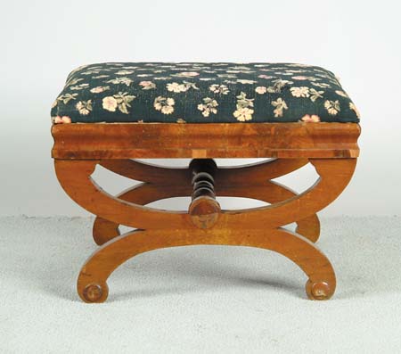 Appraisal: EMPIRE STYLE UPHOLSTERED FOOTSTOOL th Century With mahogany veneers SIZE