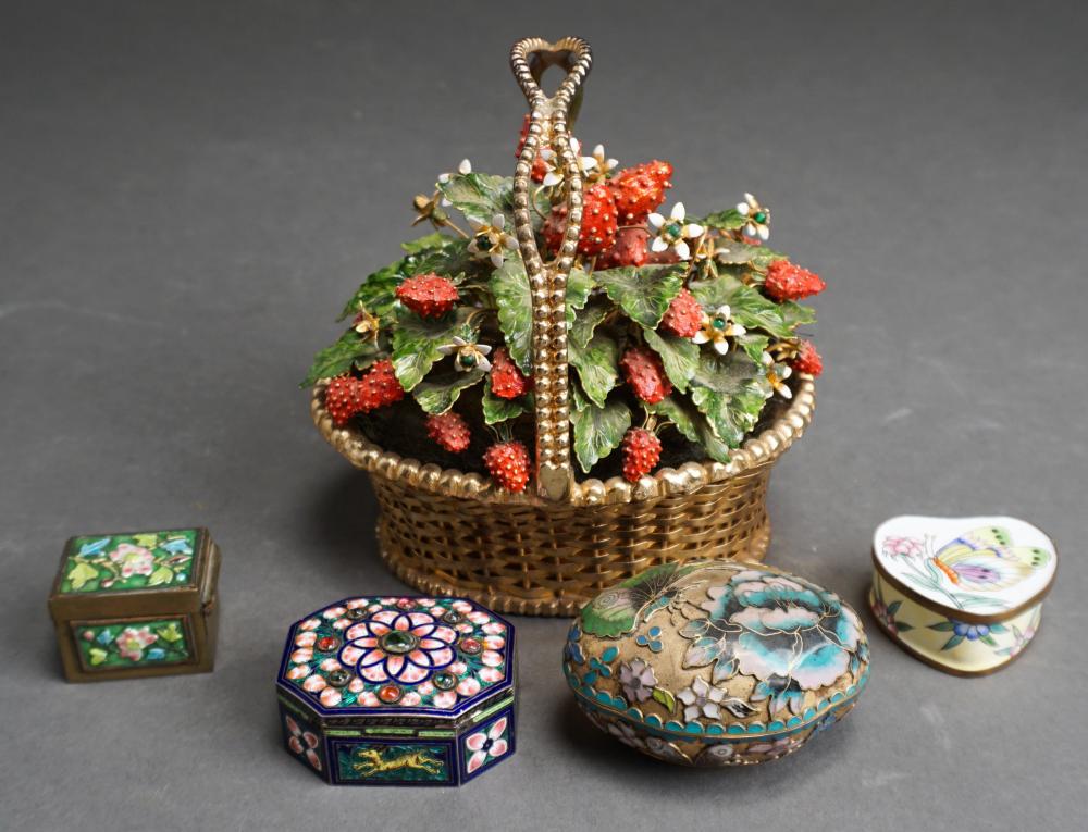 Appraisal: ENAMELED RASPBERRY BASKET TABLE ORNAMENT WITH FOUR ASIAN ENAMELED BOXES