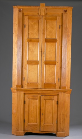 Appraisal: th c European Corner Cupboard Maple Architectural elements paneled cabinet