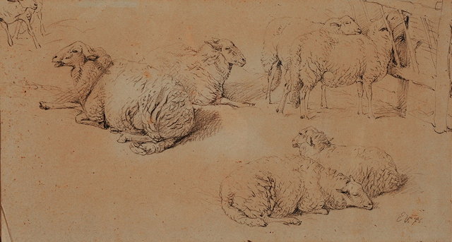 Appraisal: EUGENE VERBOECKHOVEN - Sheep study signed with initials pencil sketch