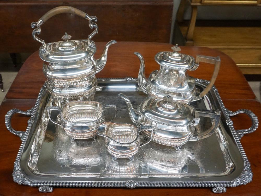 Appraisal: ENGLISH SILVER ON COPPER FIVE-PIECE TEA SET ON TRAYEnglish Silver