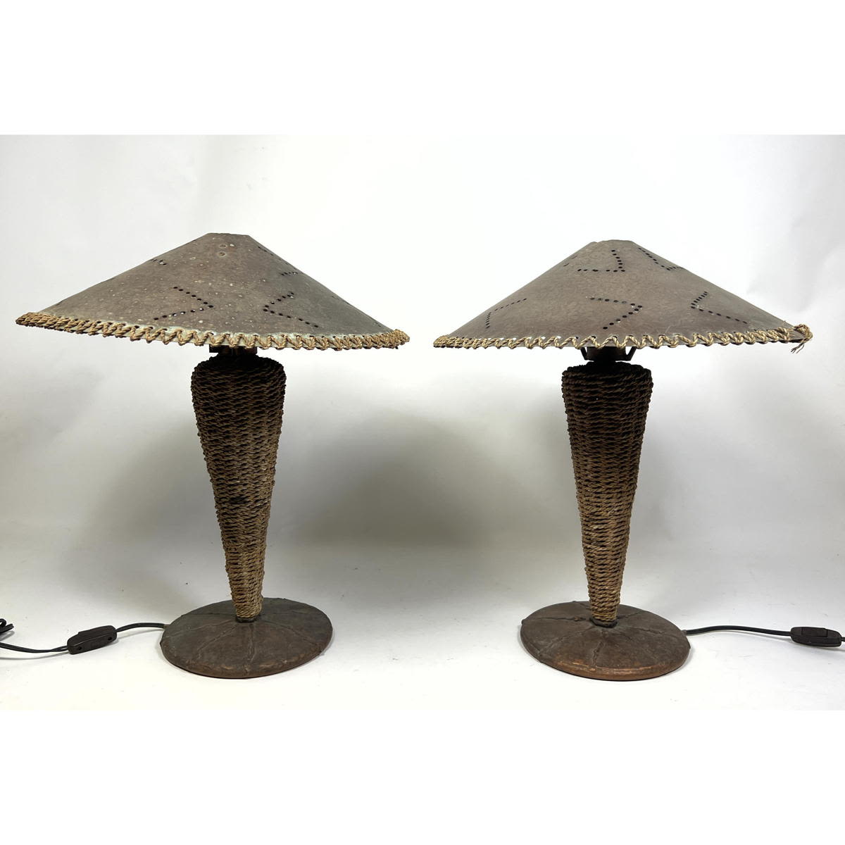 Appraisal: Pair French Table Lamps Copper Lamps with jute wrapped stems