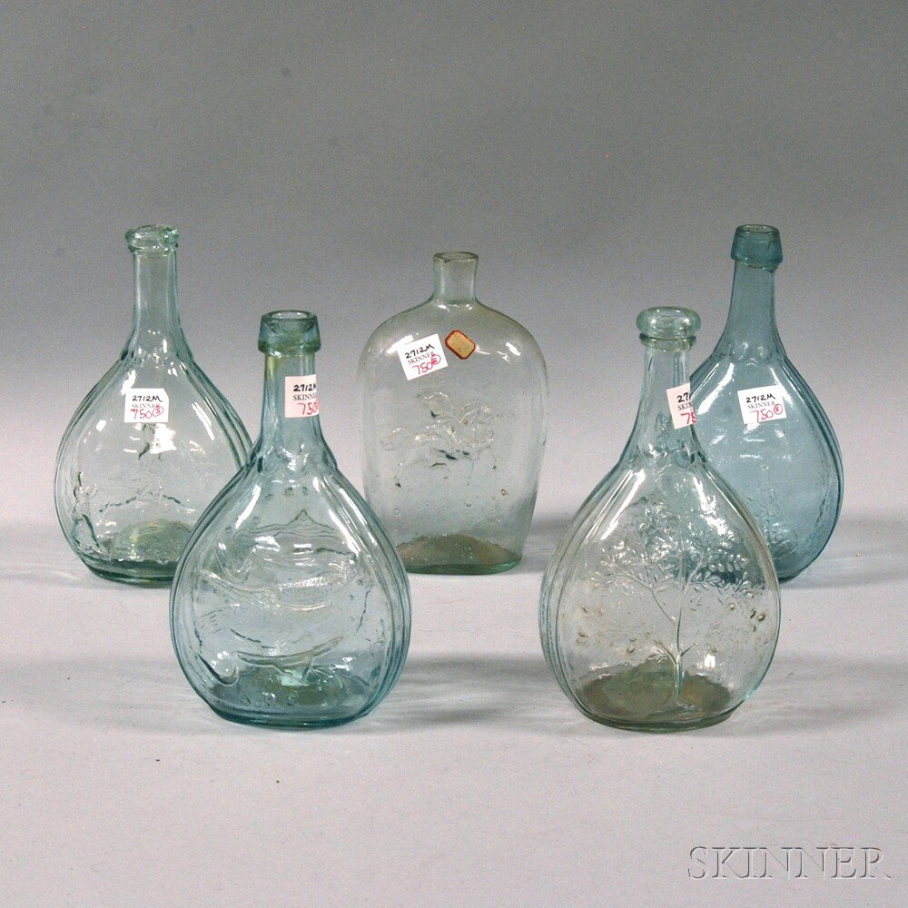 Appraisal: Four Light Aqua Blown-molded Bottles and a Flask bottles of