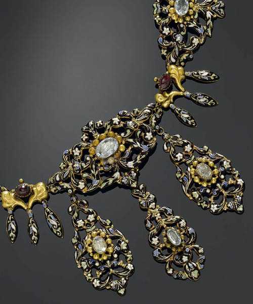 Appraisal: ENAMEL GOLD AND GEMSTONE NECKLACE ca Yellow and ros gold