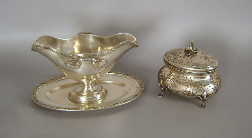 Appraisal: German silver gravy boat h and covered sugar h approx