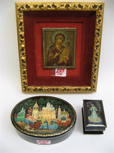 Appraisal: THREE RUSSIAN ITEMS small icon of Mother and Child in