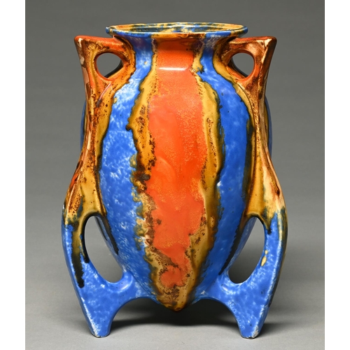 Appraisal: A Staffordshire earthenware orange blue and buff three handled vase