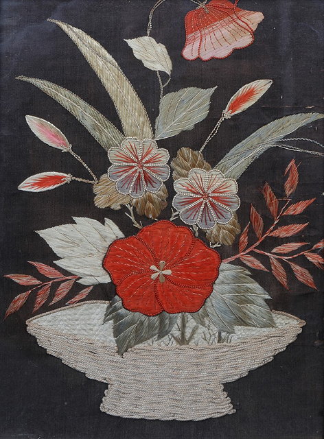 Appraisal: A VICTORIAN WOOL WORK PICTURE of a basket of summer