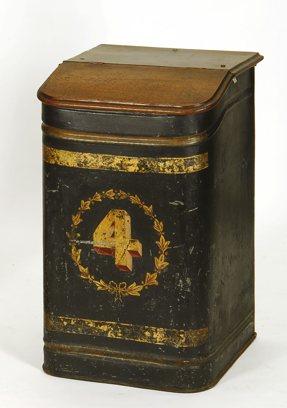 Appraisal: TOLEWARE TEA BIN WITH WOODEN COVER Mid- th CenturyWalnut top