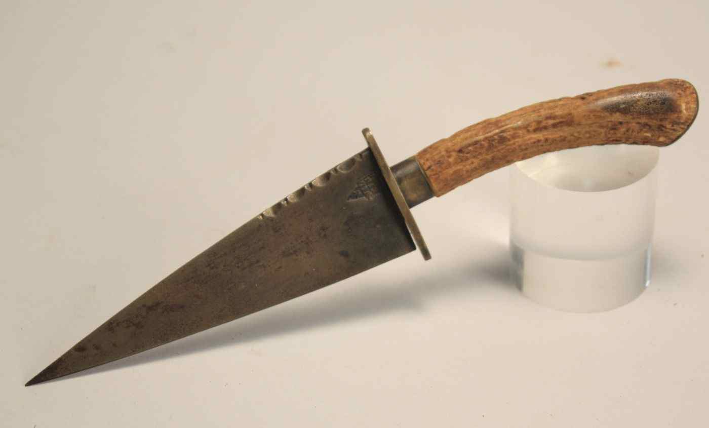 Appraisal: ENGLISH HORN-HANDLED KNIFEWith brass mounts Stamped on blade W Wilkinson''