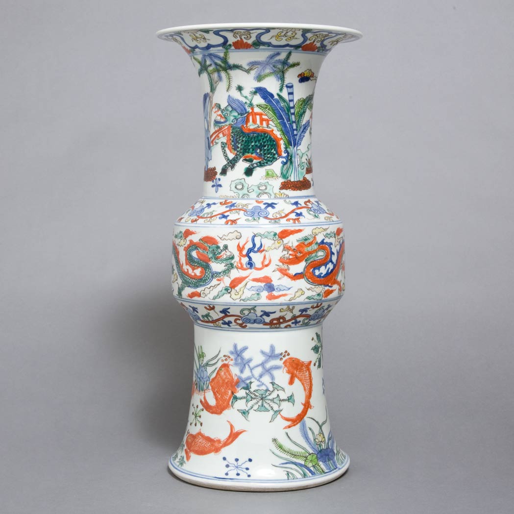 Appraisal: Chinese Wucai Glazed Porcelain Vase th Century Of gu shape