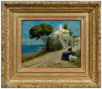 Appraisal: Italian School painting Mediterranean landscape with woman on rock with